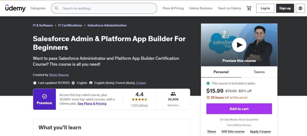 Skjermbilde av nettstedet til kurset Salesforce-administrator og plattformappbygger for nybegynnere