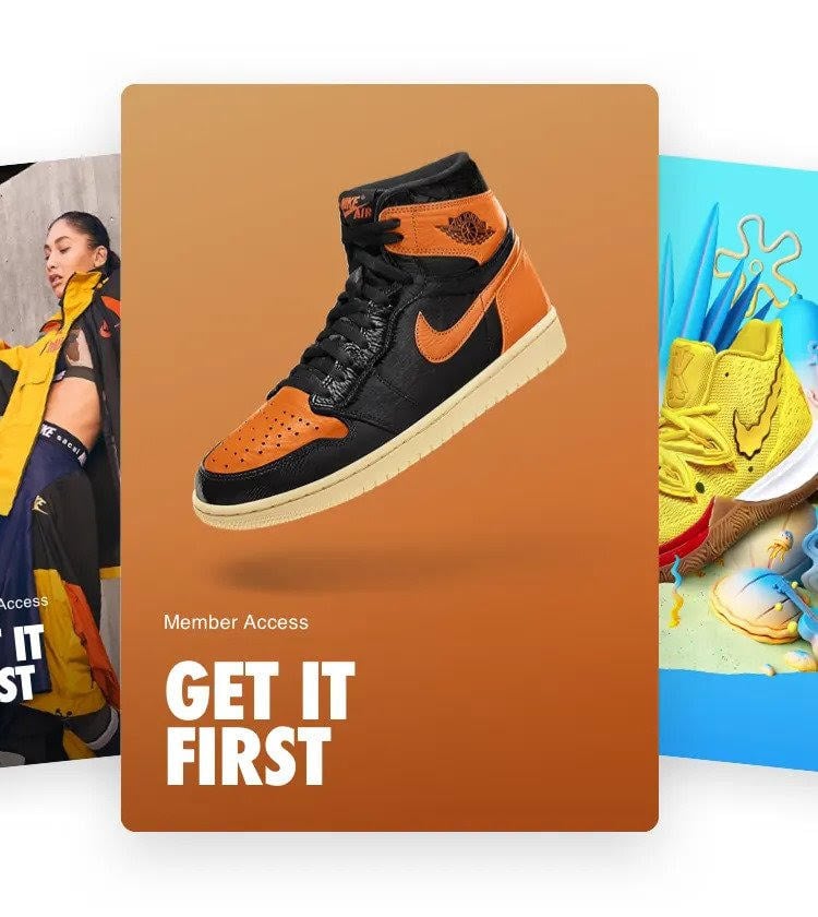 Nike-høytopp-sneakers med overskriften "Member Access: Get It First."