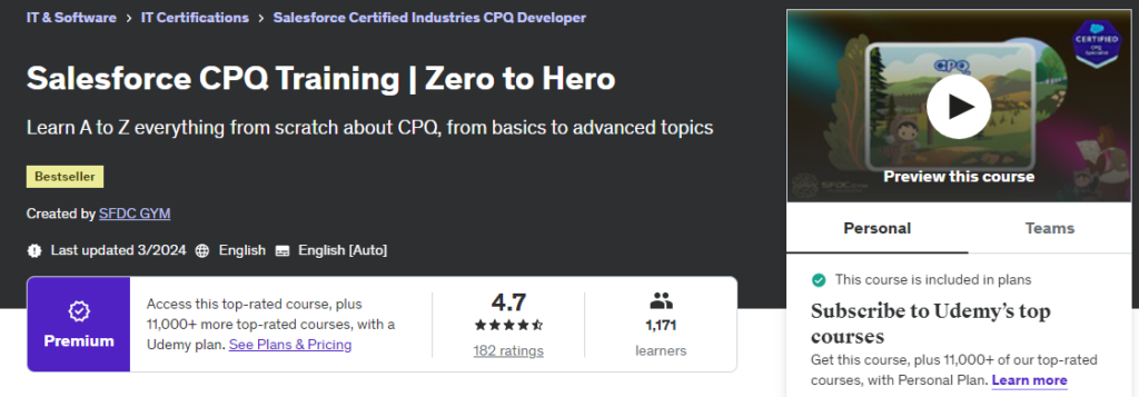 Szkolenie Salesforce CPQ | Zrzut ekranu witryny Zero to Hero