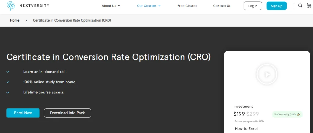Conversion Rate Optimization -kurssin laskeutumissivu