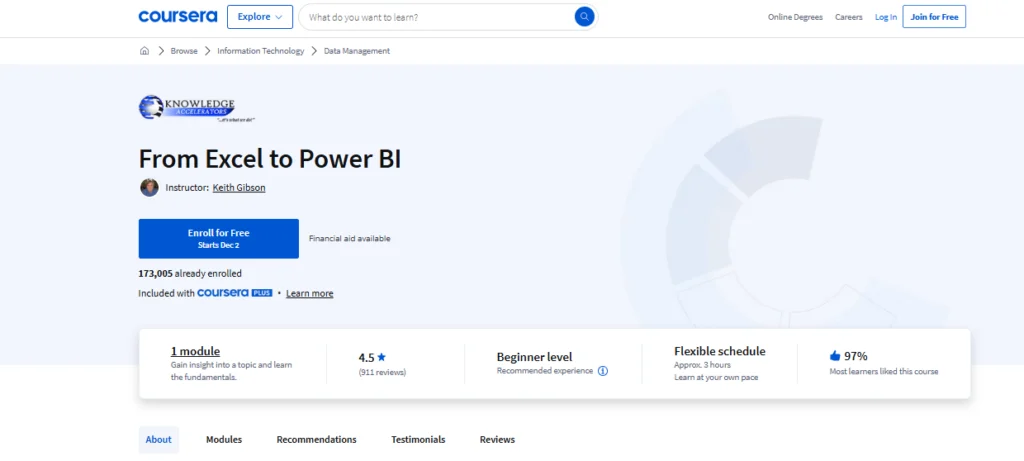 Zrzut ekranu strony kursu Od programu Excel do Power BI