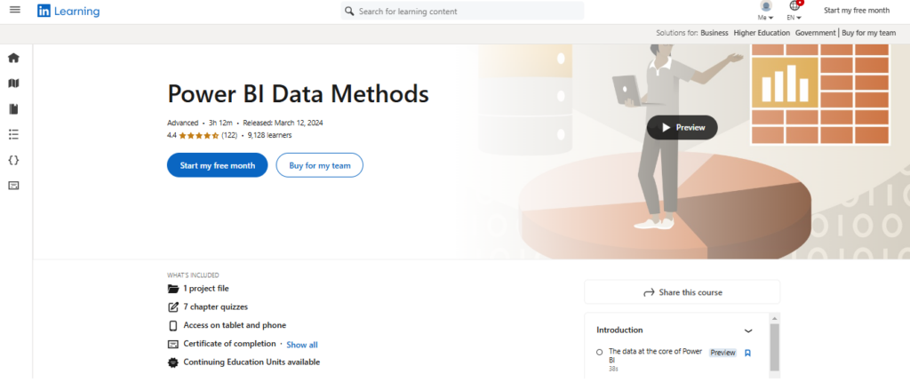 Zrzut ekranu strony kursu Metody pracy z danymi w Power BI