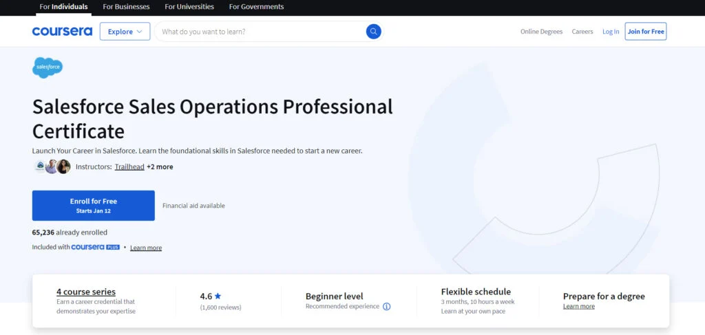 Salesforce-myyntitoimintojen ammatillisen sertifikaatin sivun kuvakaappaus