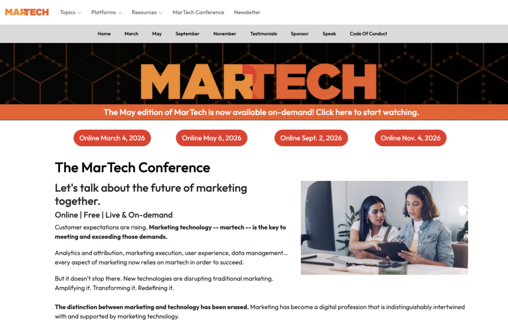 Skærmbillede af MarTech-konferencens websted