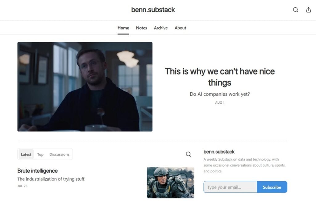 benn.substack-uutiskirjeen verkkosivun kuvakaappaus