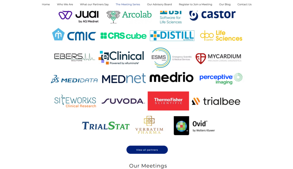 Partnerlogoer vist på webstedssektionen for COG CRO Summit Europe.
