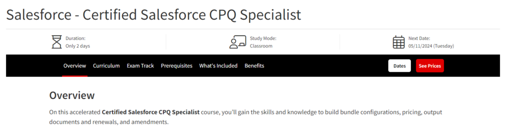 Skjermbilde av nettstedet for Salesforce – sertifisert Salesforce CPQ-spesialist