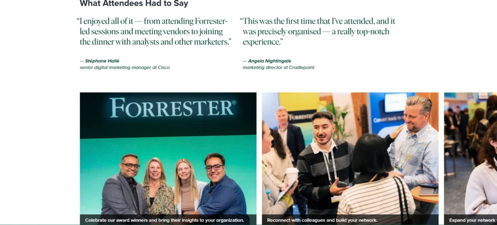 Forrester-arrangementets testimonials-sektion med deltagercitater og fotos