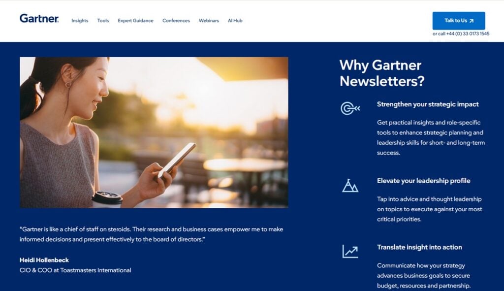 Gartner Insights -uutiskirjeen aloitussivun kuvakaappaus