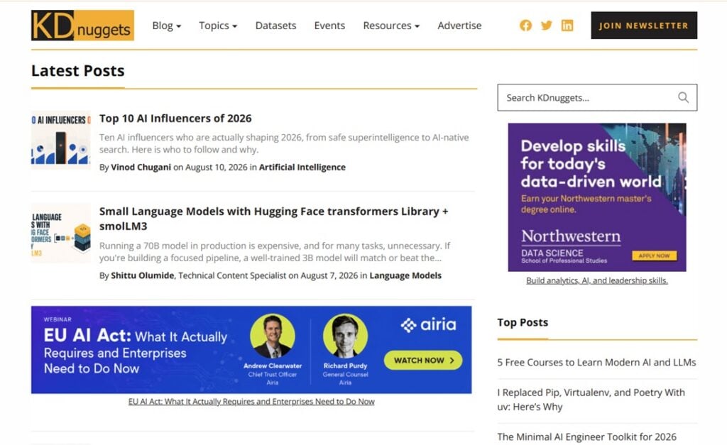 Kuvakaappaus KDnuggets News -verkkosivusta