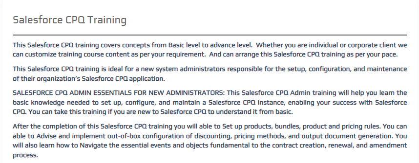 Skjermbilde av Salesforce CPQ-opplæringsnettstedet