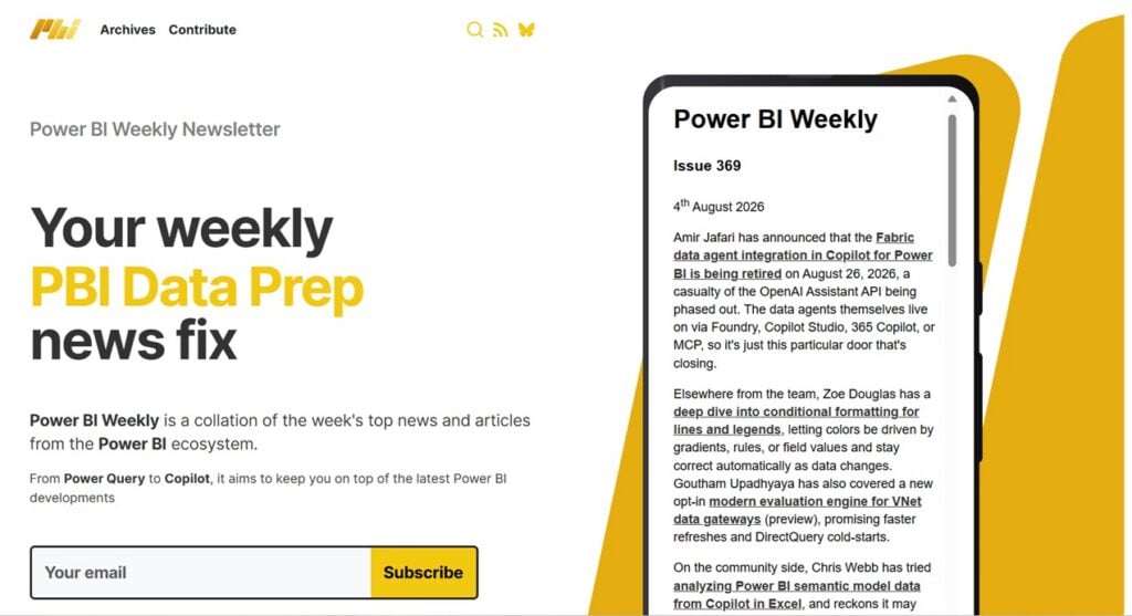 Power BI Weeklyn rekisteröitymissivu ja uutiskirje-esimerkki