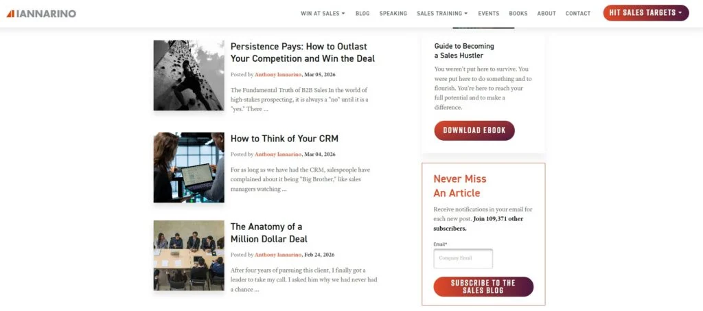 Skærmbillede af websiden for The Sales Blog af Anthony Iannarino