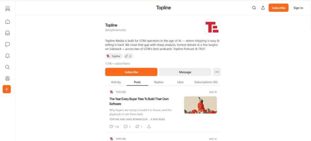 Skærmbillede af websiden for Topline-nyhedsbrevet